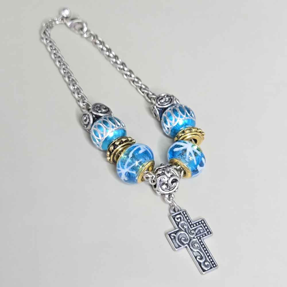 Silver and Blue Beaded Bracelet with Cross Charm